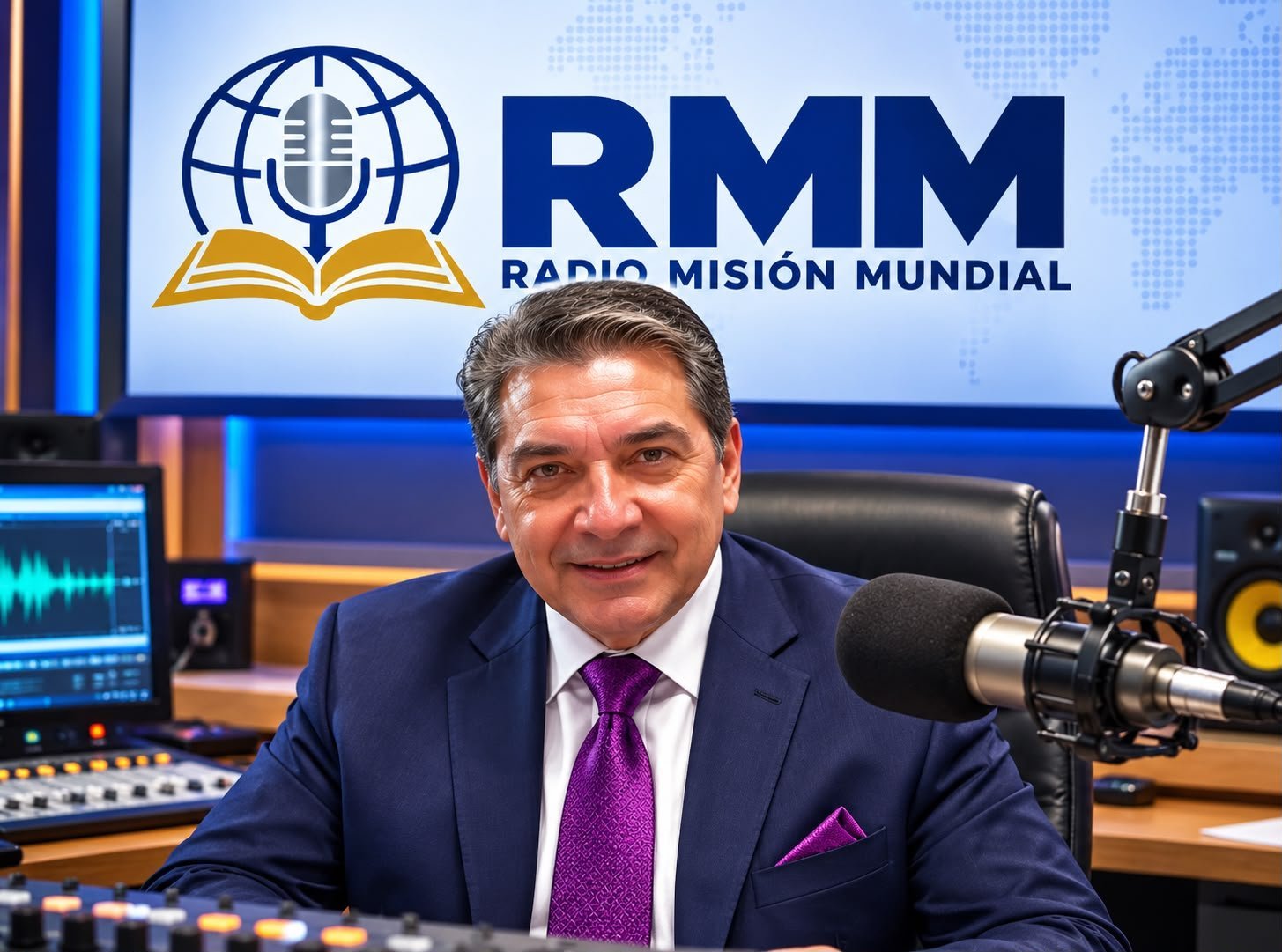 Locutor de Radiomisión Mundial frente al micrófono en cabina